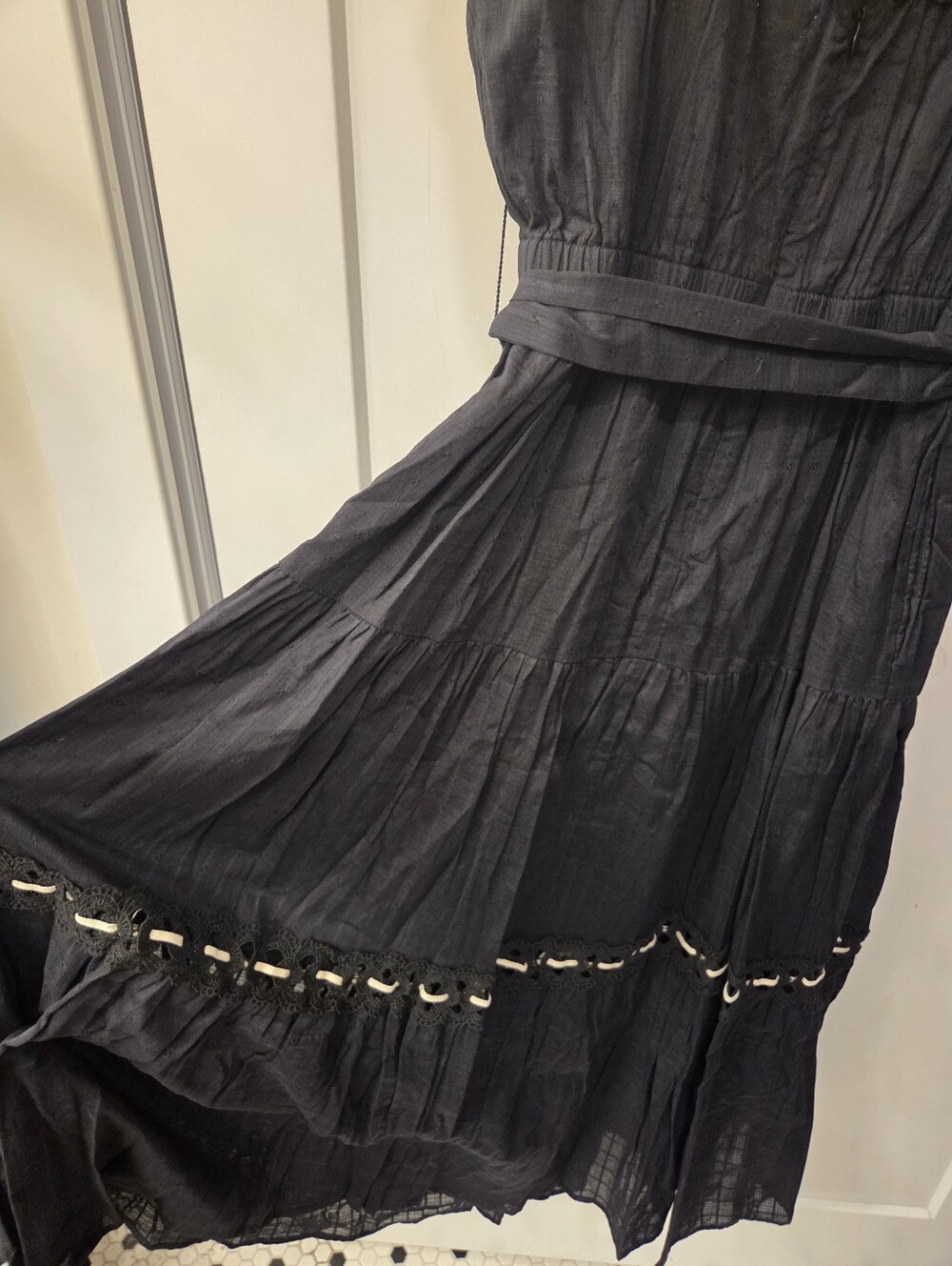 NWT- Anne Klein Lace Detail Cotton Tie Belt Stitching Accents Maxi Dress-Size 14 - Picture 9 of 16